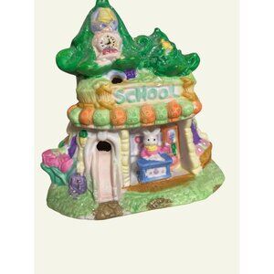 Hand-Painted Ceramic Bunny Schoolhouse Figurine With Glitter Accents Vibrant Col